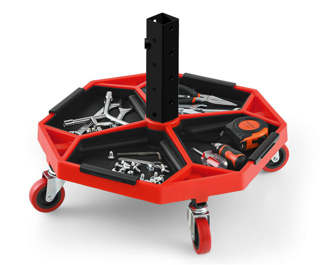 ToolPod Red tool organizer with wheels filled with various tools on a white background
